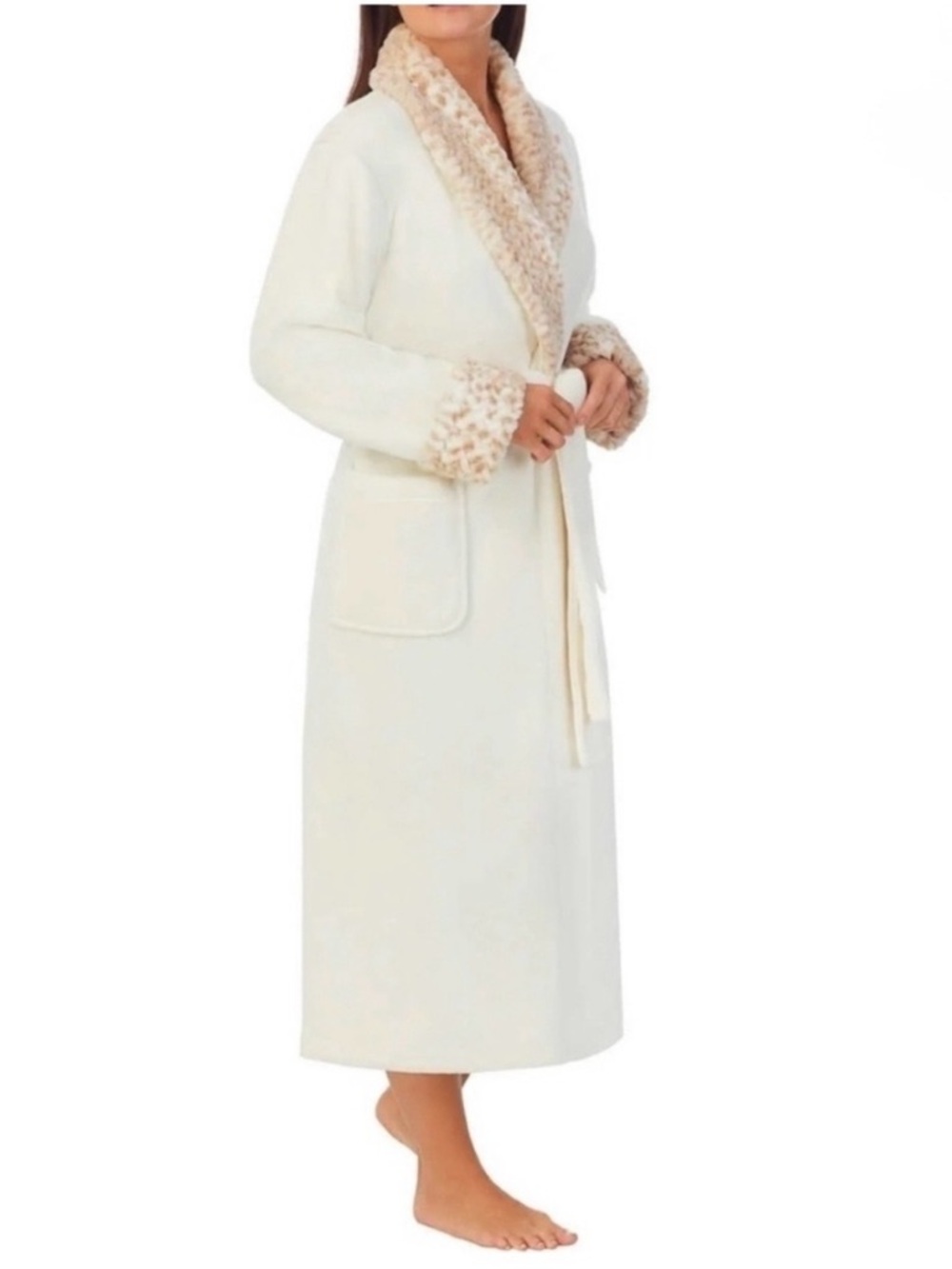 Carole Hochman Cream Snow Leopard Print Plush Long Wrap Robe—L - Picture 3 of 9
